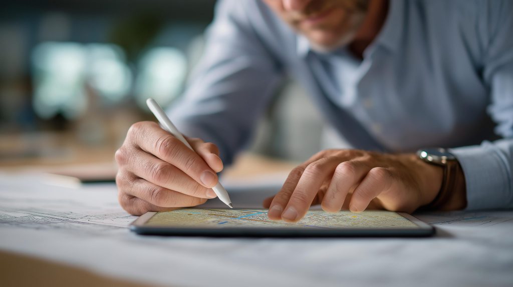 Experienced architect leveraging digital tools on-site, smart infrastructure planning, engineering innovation in design tech, construction technology application, urban development