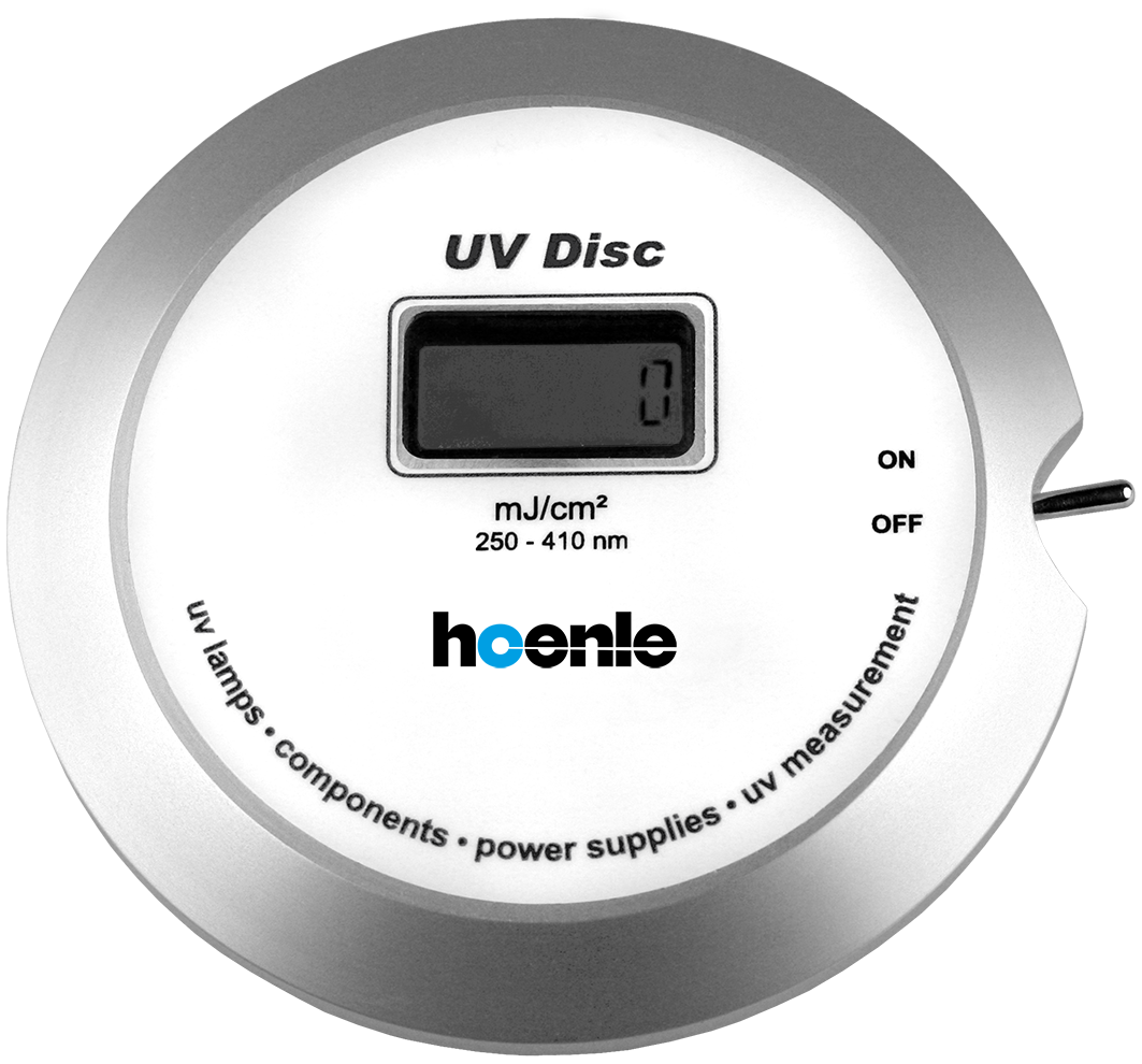 UV Disc handheld meter for measuring UV dose in UVA, UVB, UVC, and LED light sources with display.