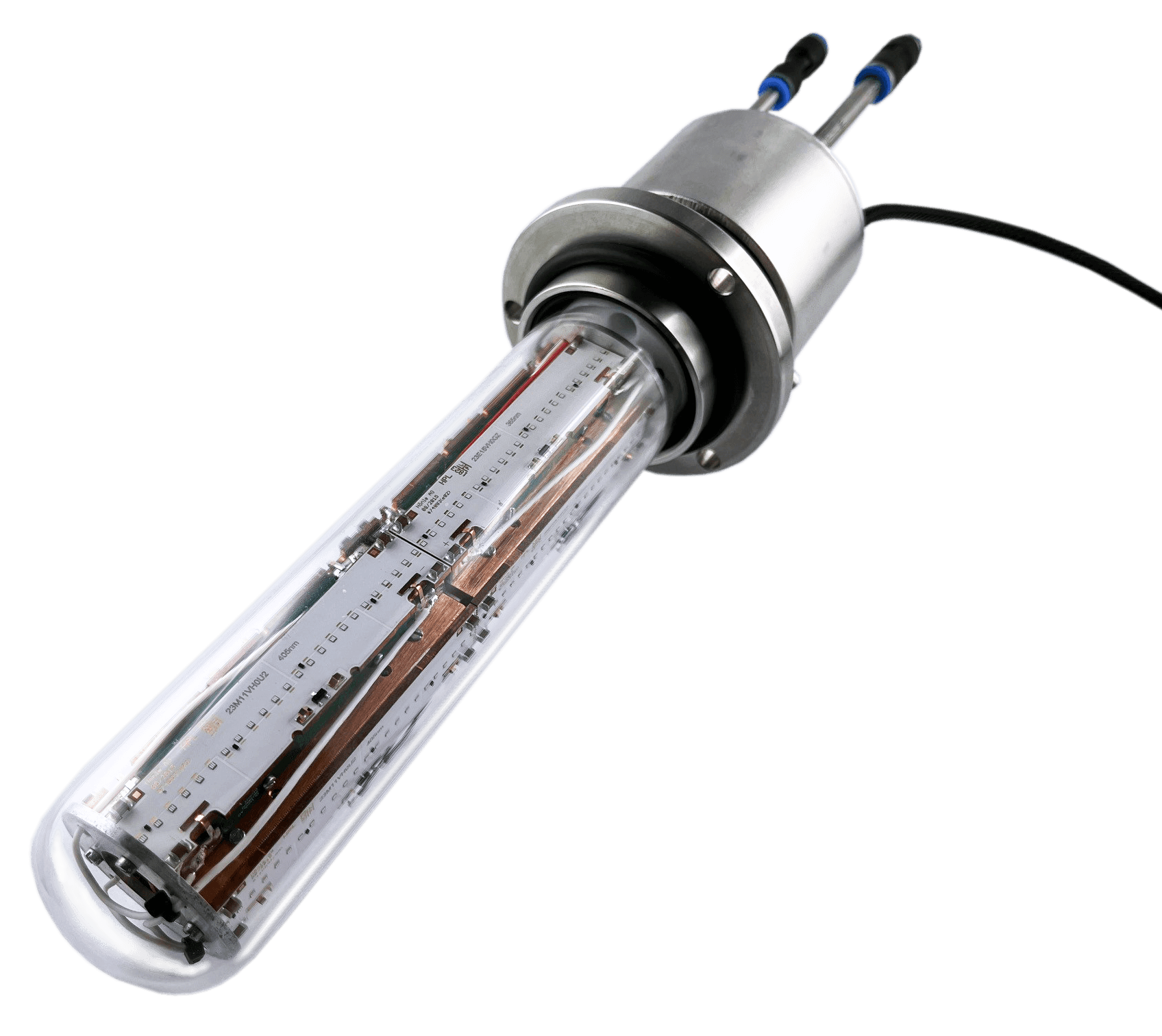 led-tubular-immersion-lamp-hoenle-controller-pharma-chem-lab LED tubular immersion lamp with customizable wavelengths and Hoenle LED controller, used in pharmaceutical and chemical laboratories for API synthesis and chemical development.